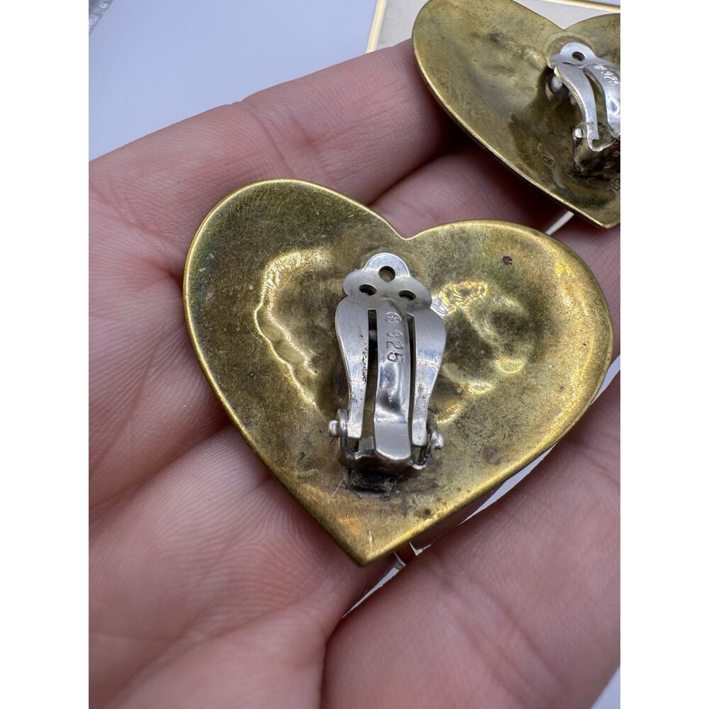 Vintage Sterling Silver & Brass Jeep Collins Retired Large Heart Clip Earrings - Picture 6 of 6